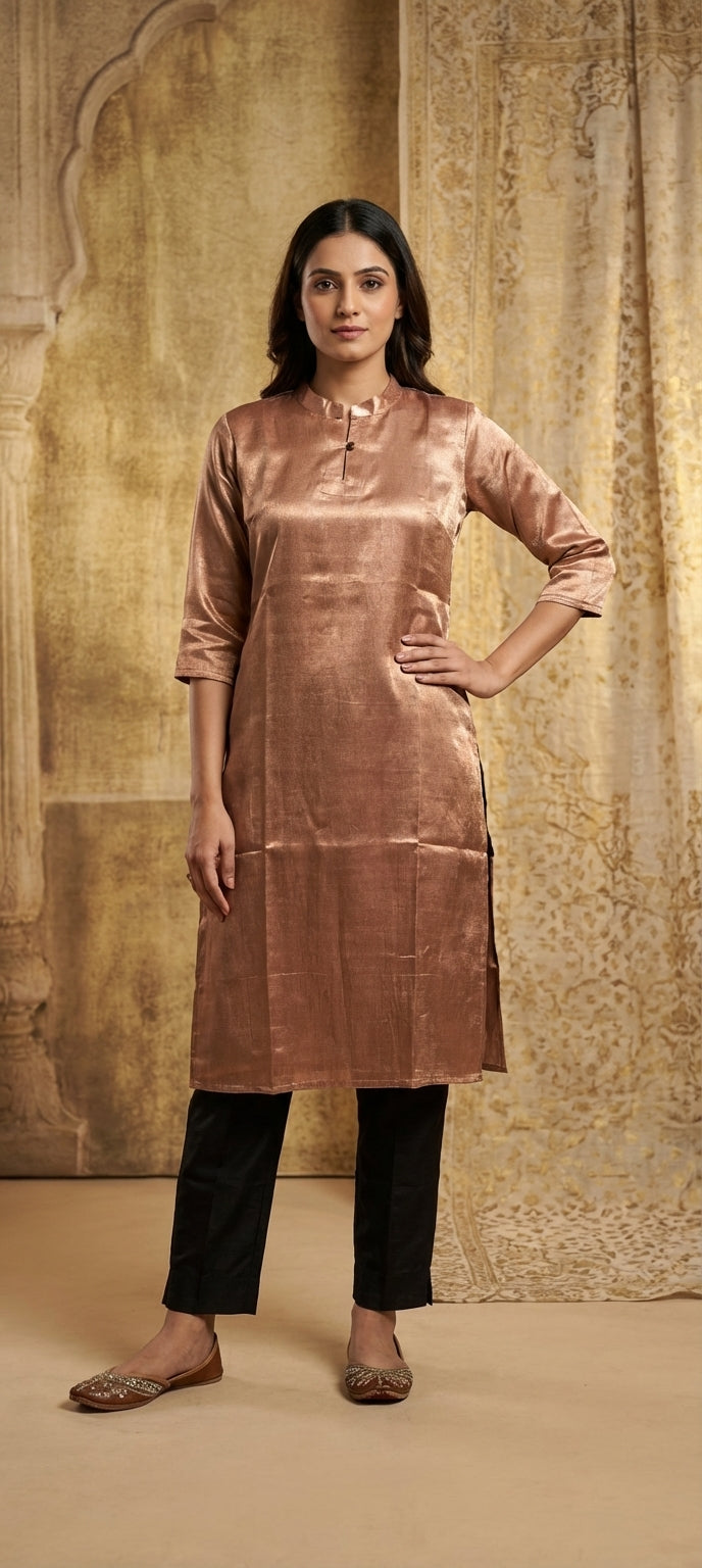 Women’s Plain Gaji Silk Long Kurti - SKIN