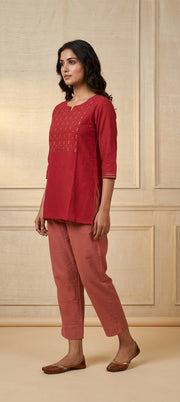 Traditional Mirror & Embroidery Work Short Kurti -RED