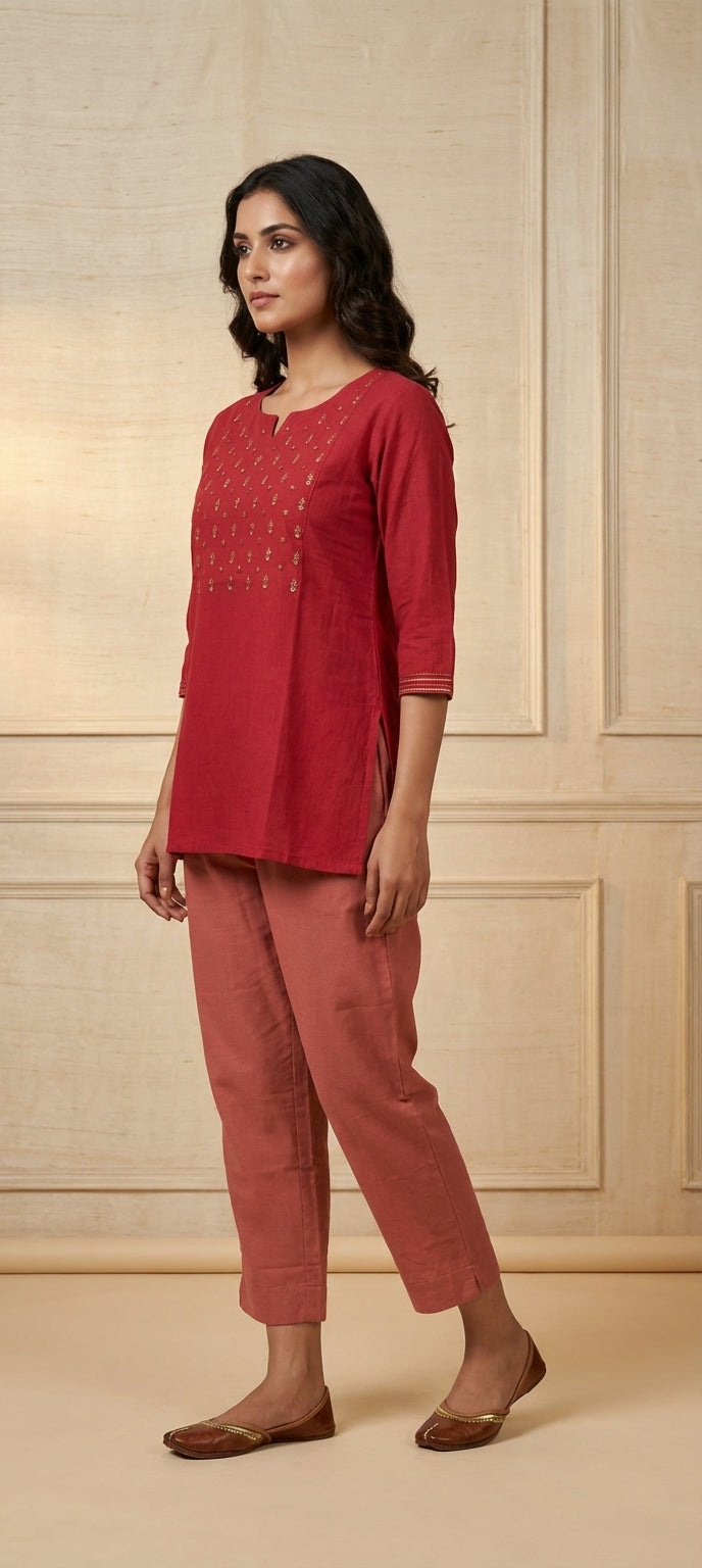 Traditional Mirror & Embroidery Work Short Kurti -RED