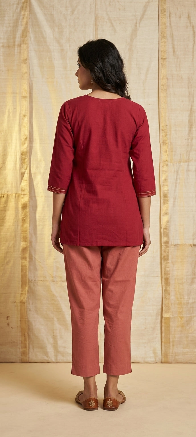 Traditional Mirror & Embroidery Work Short Kurti -RED