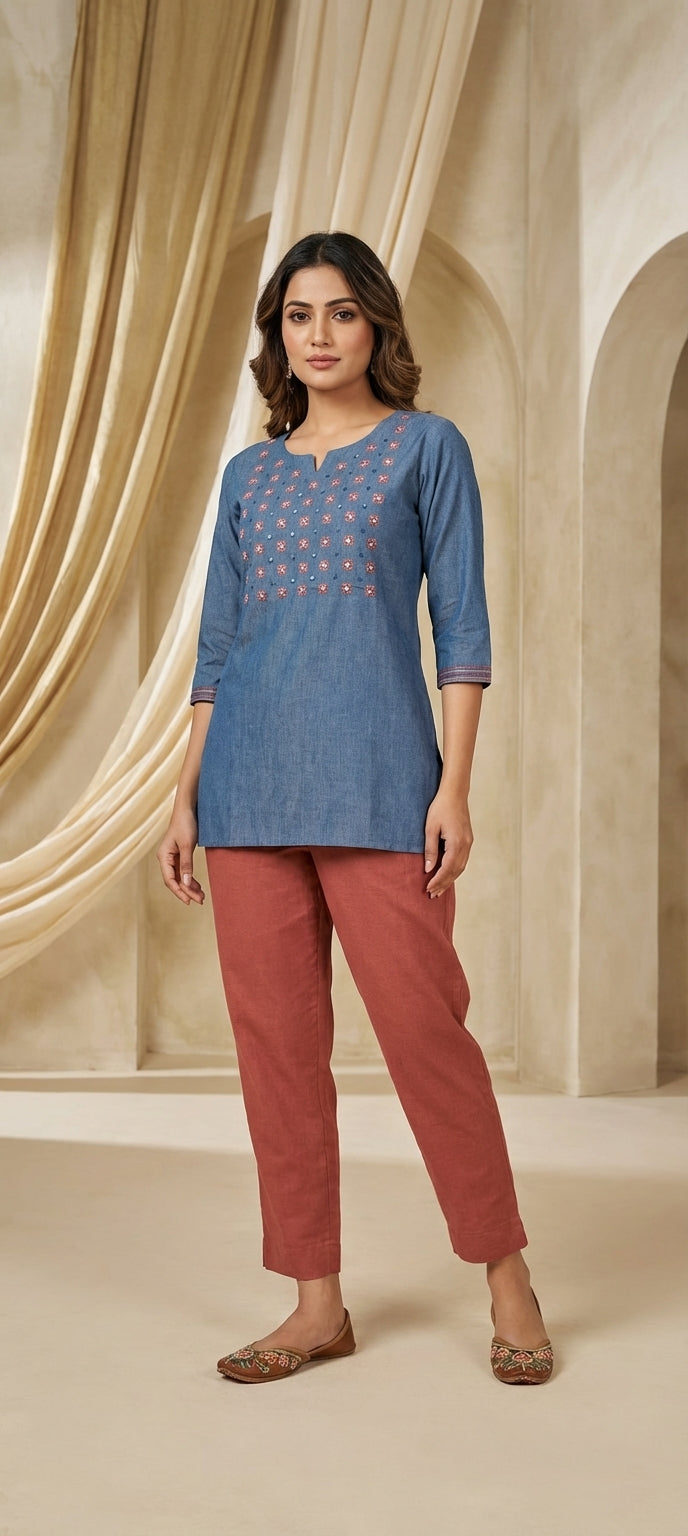 Cotton Embroidery & Mirror Work Short Kurti -DENIM BLUE