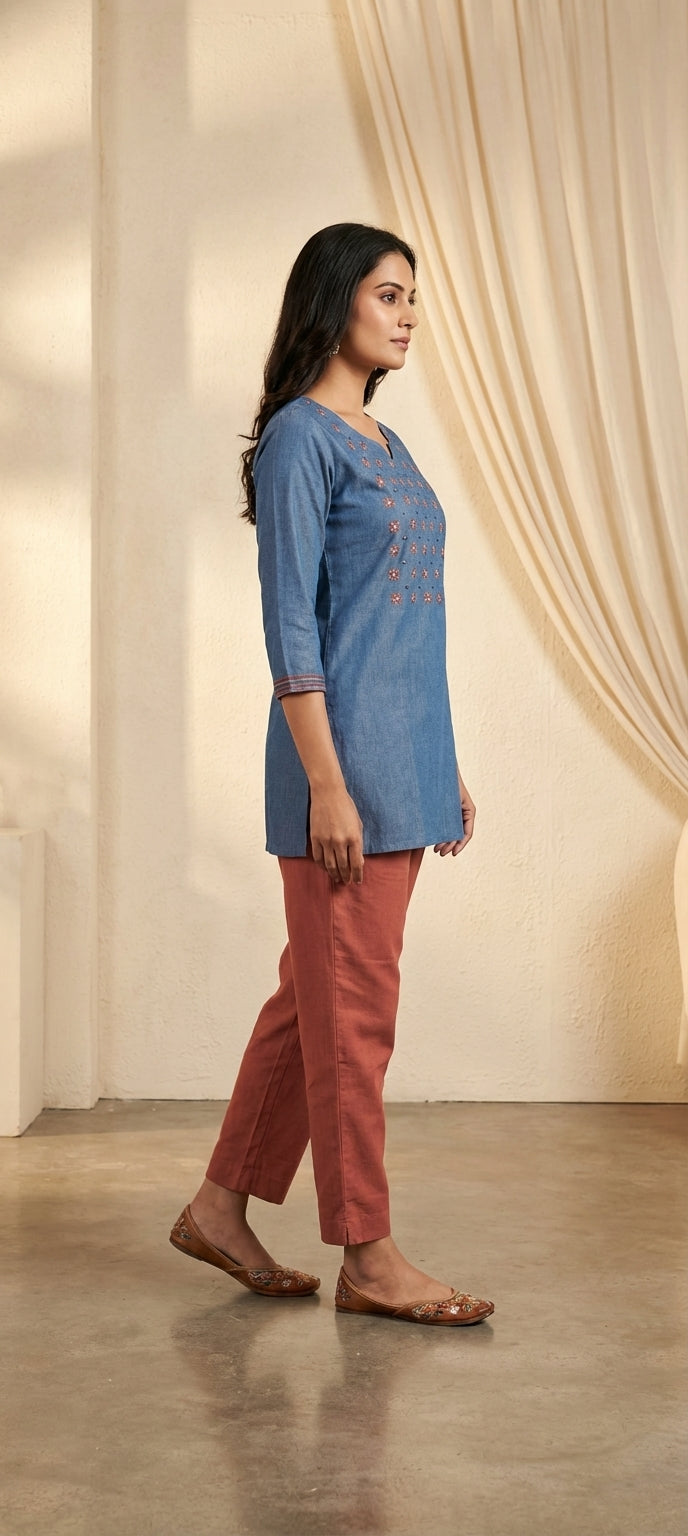Cotton Embroidery & Mirror Work Short Kurti -DENIM BLUE