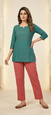Elegant Mirror Work Embroidery Short Kurti -TEAL