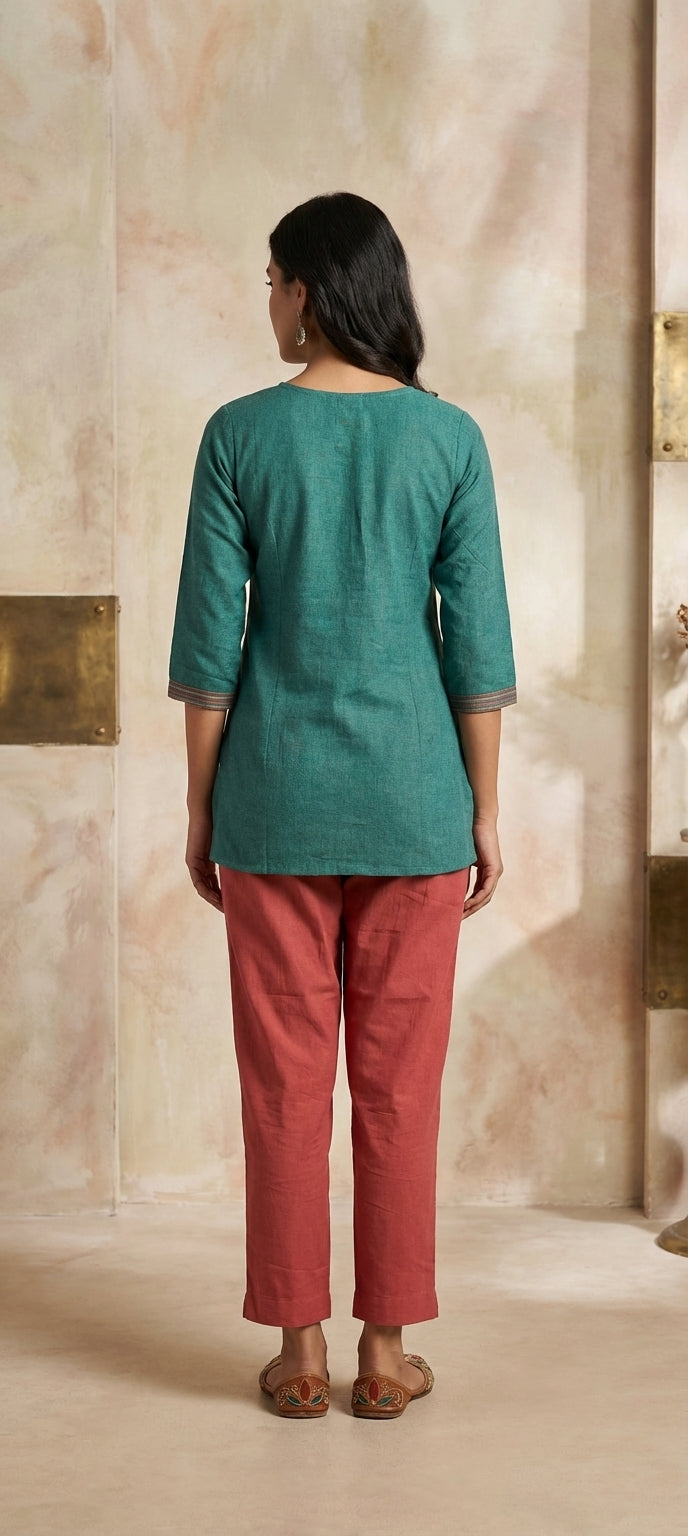 Elegant Mirror Work Embroidery Short Kurti -TEAL