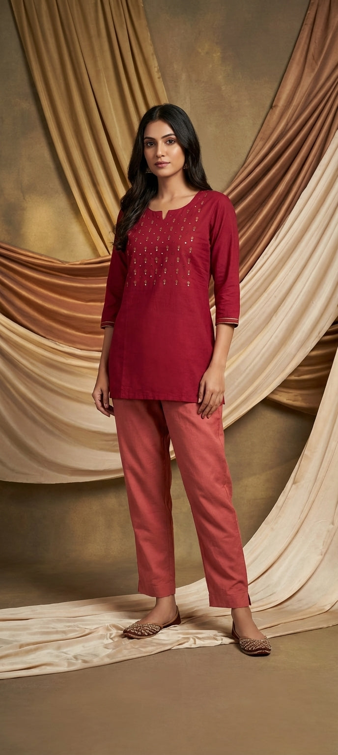 Classic Ethnic Embroidery Mirror Work Kurti -BLOOD RED
