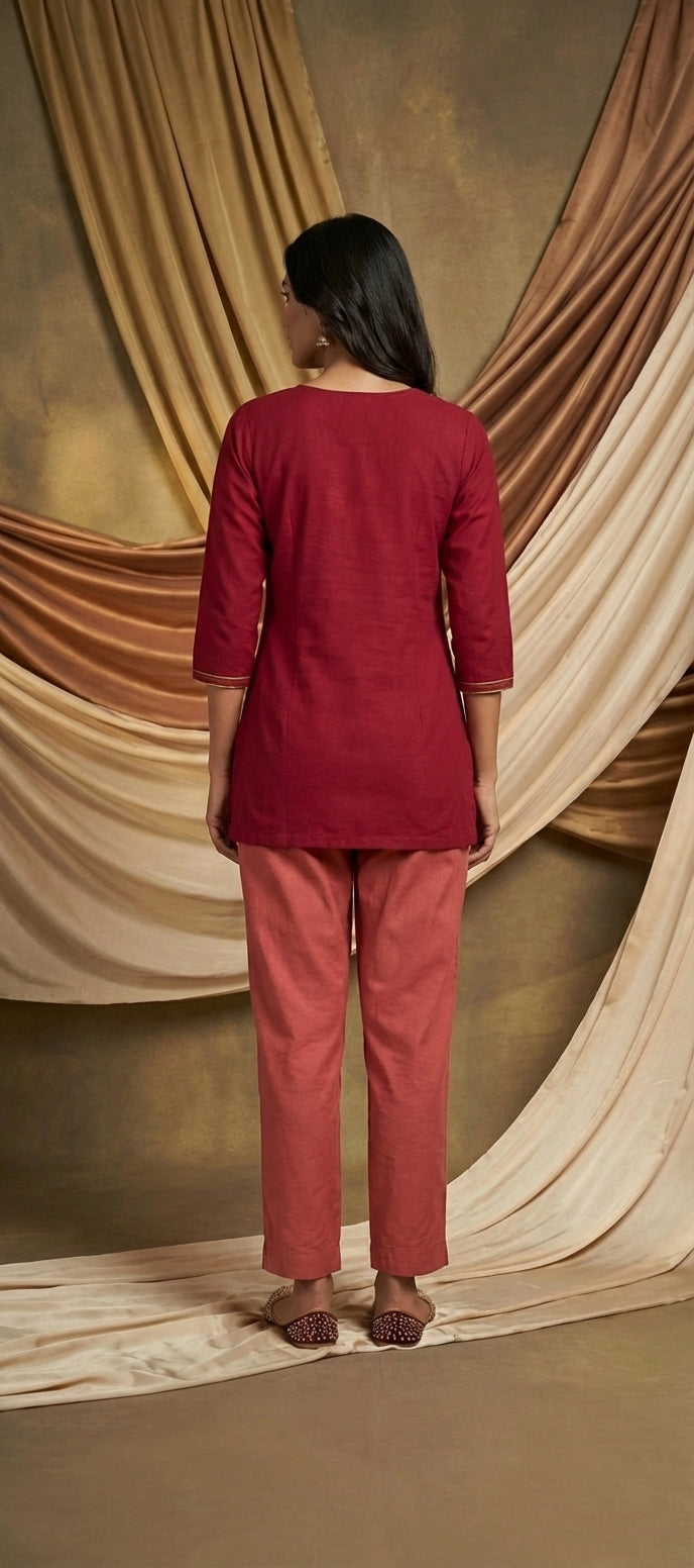 Classic Ethnic Embroidery Mirror Work Kurti -BLOOD RED