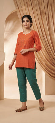 Premium Cotton Mirror Embroidered Short Kurti - ORANGE