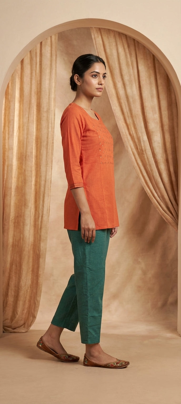 Premium Cotton Mirror Embroidered Short Kurti - ORANGE