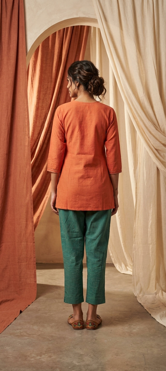 Premium Cotton Mirror Embroidered Short Kurti - ORANGE