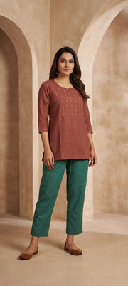 Designer Mirror & Thread Work Short Kurti -BROWN