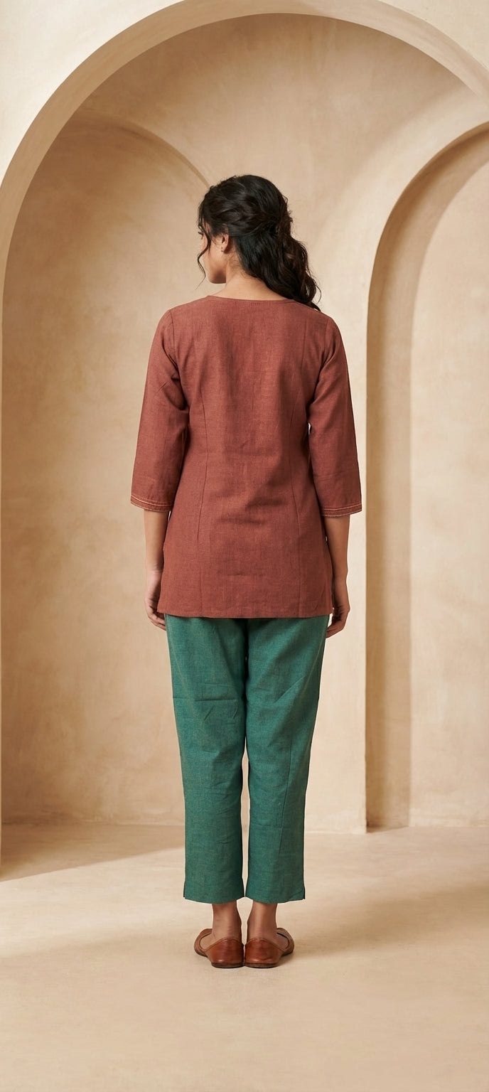 Designer Mirror & Thread Work Short Kurti -BROWN