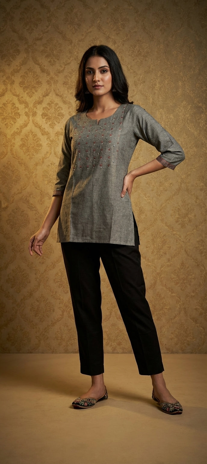 Graceful Mirror & Thread Work Ethnic Short Kurti- GRAY