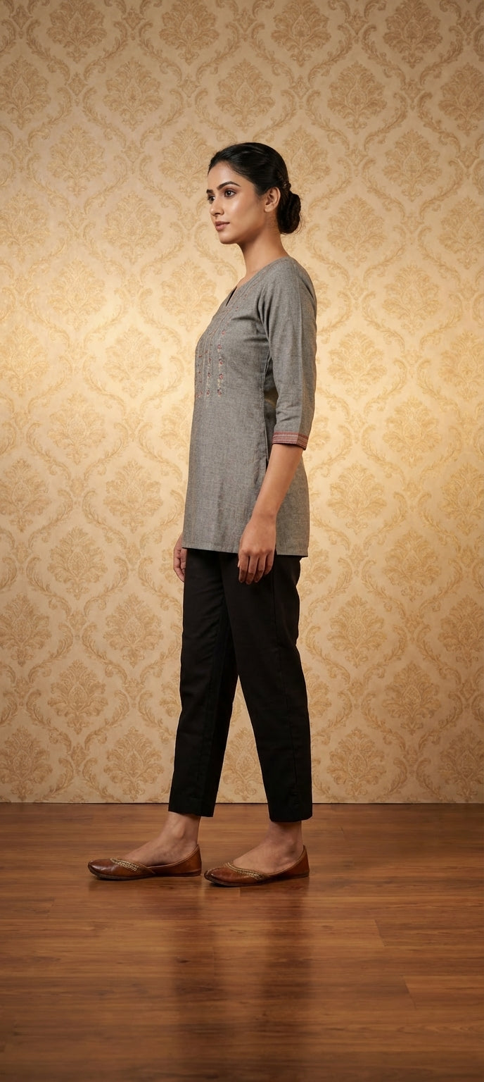 Graceful Mirror & Thread Work Ethnic Short Kurti- GRAY