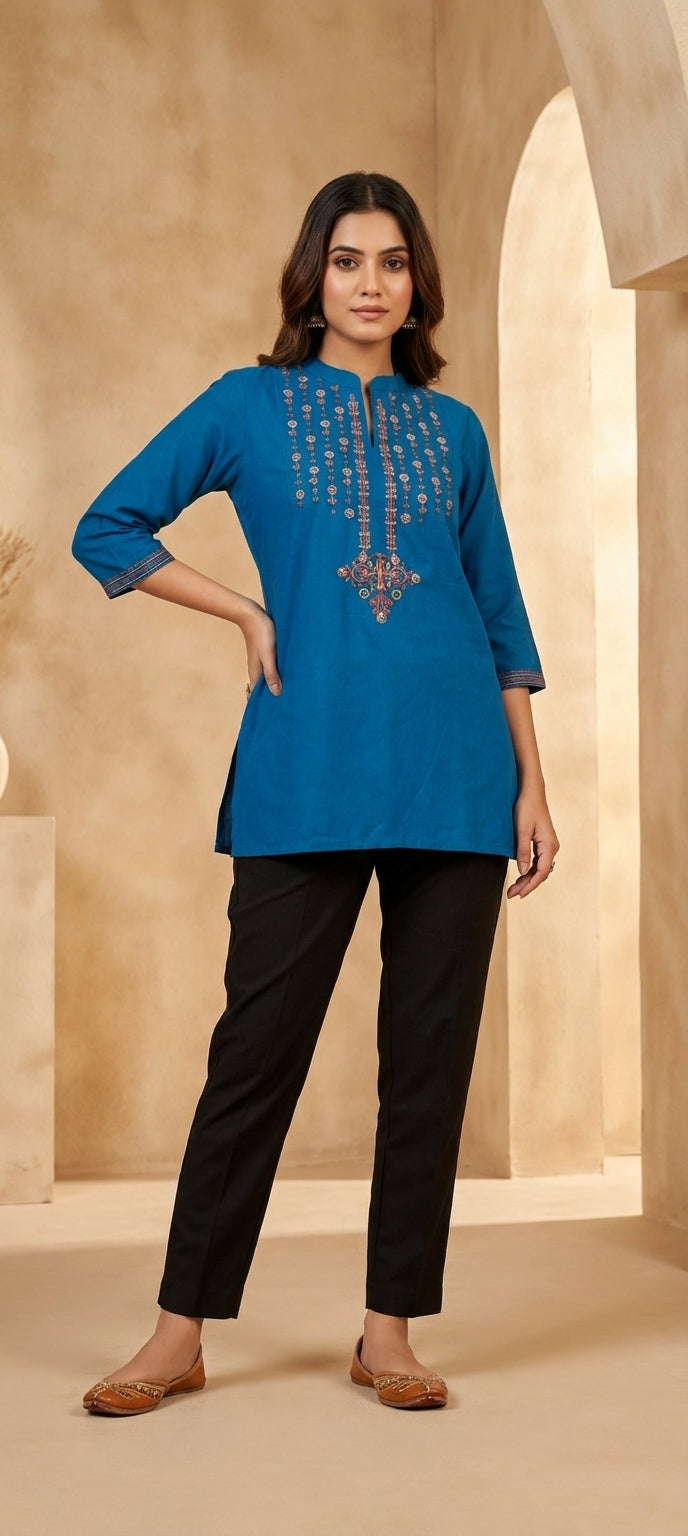 Ethnic Cotton Silk Short Kurti with Mirror and Thread Embroidery Work
