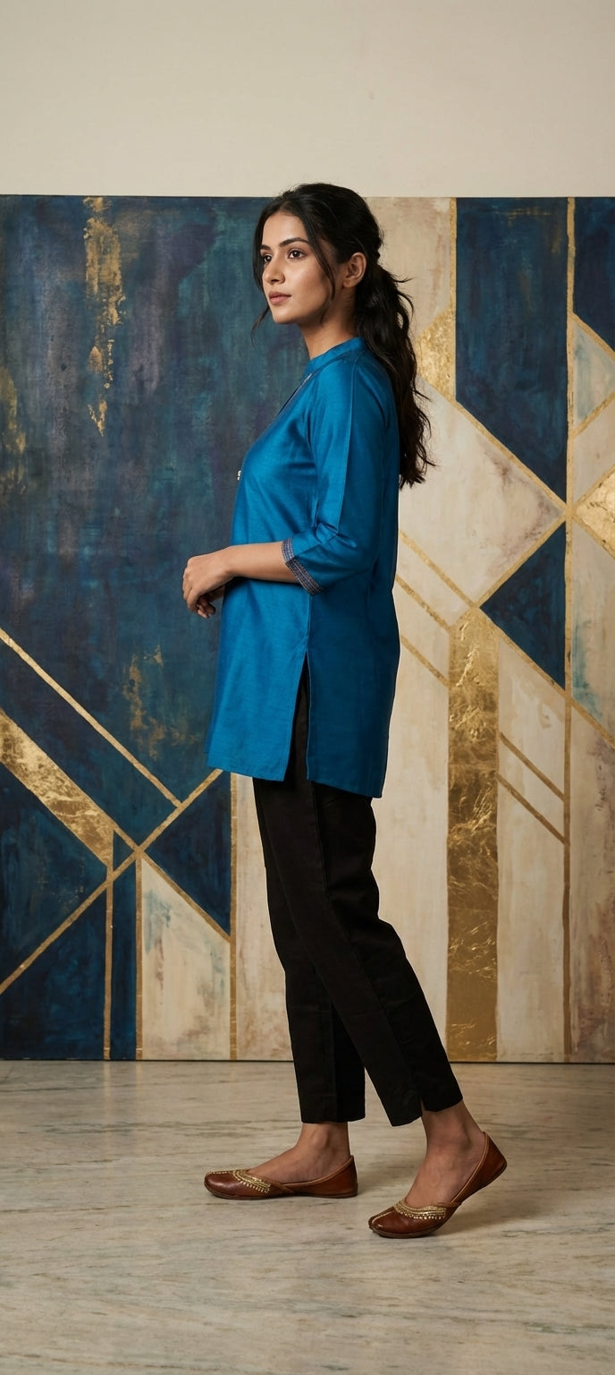 Ethnic Cotton Silk Short Kurti with Mirror and Thread Embroidery Work