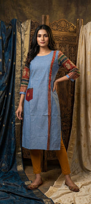 Designer Embroidered Long Kurti with Pocket - DENIM MELANGE