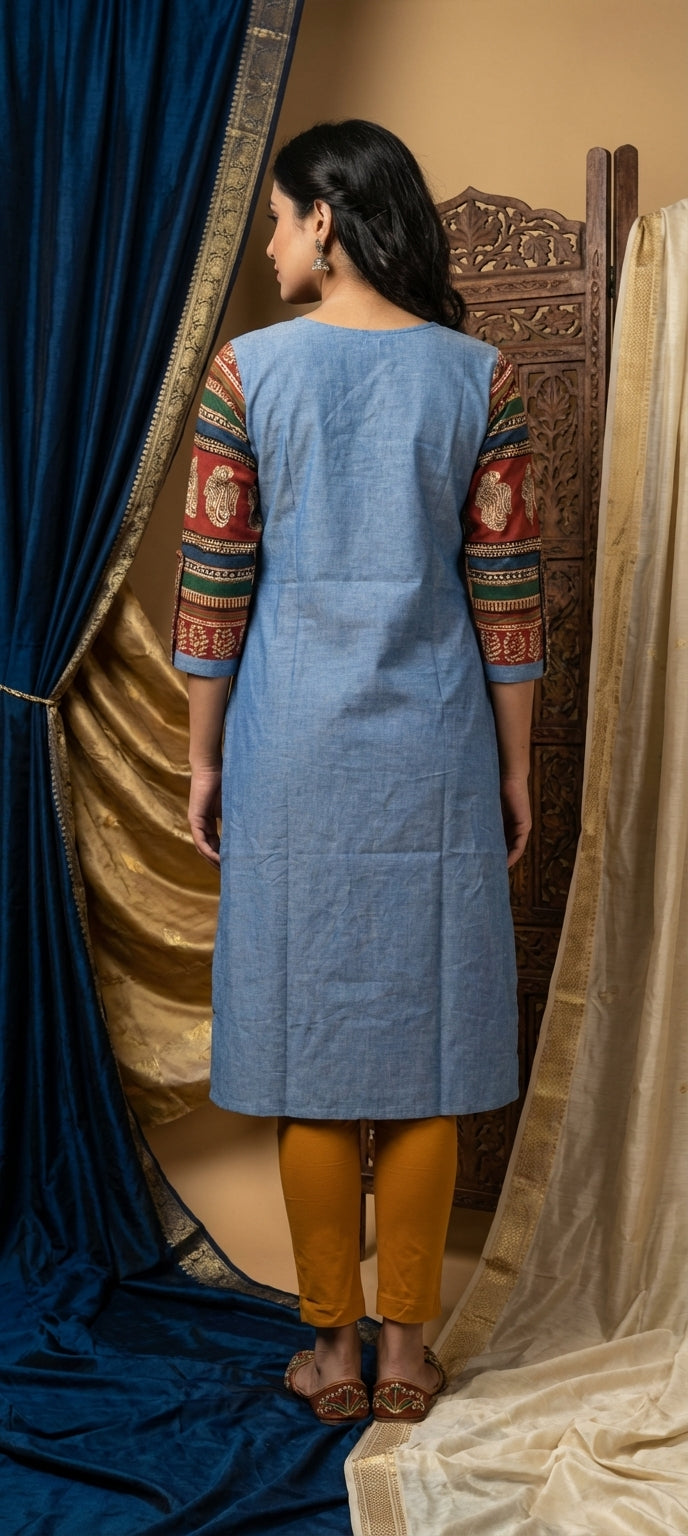 Designer Embroidered Long Kurti with Pocket - DENIM MELANGE
