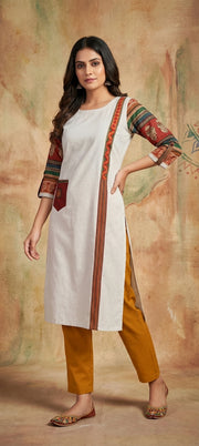 Elegant Embroidered Mirror Work Panel Long Kurti  - CREAM