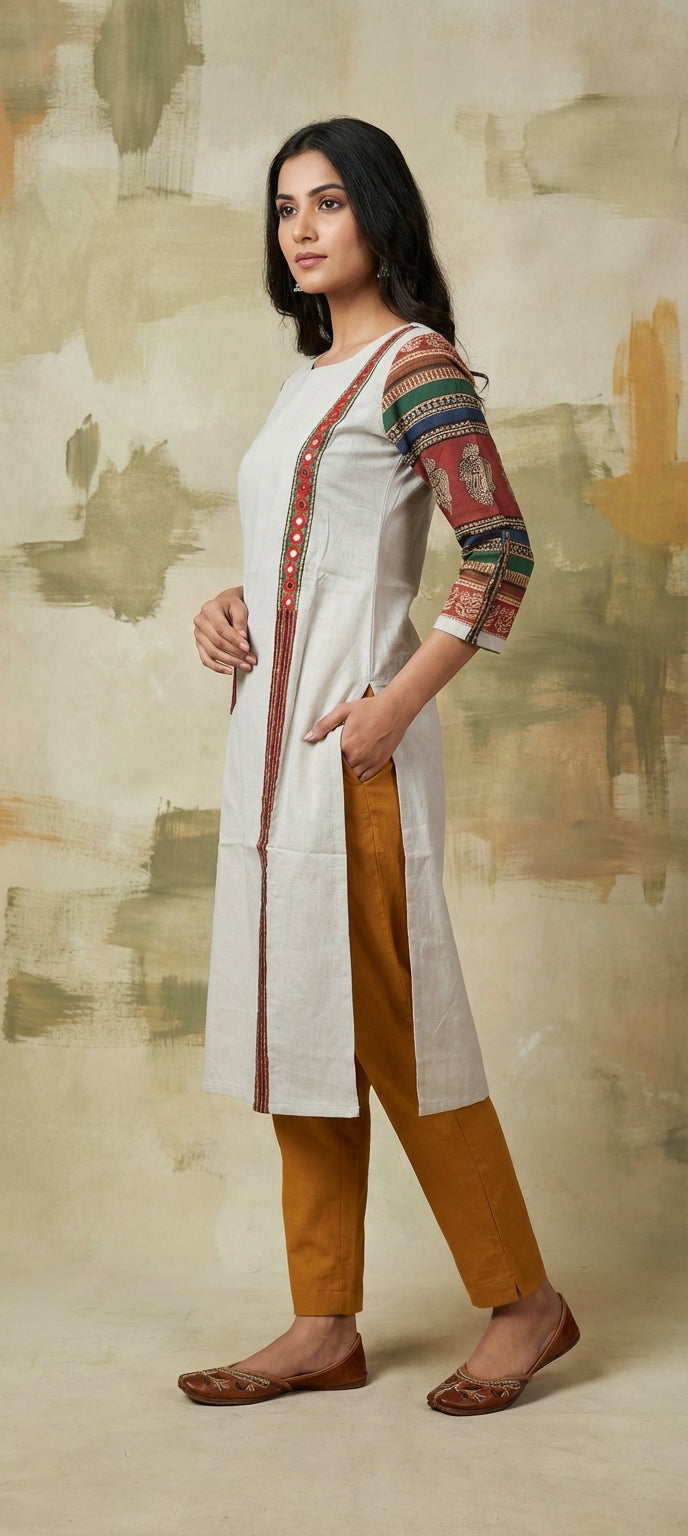 Elegant Embroidered Mirror Work Panel Long Kurti  - CREAM