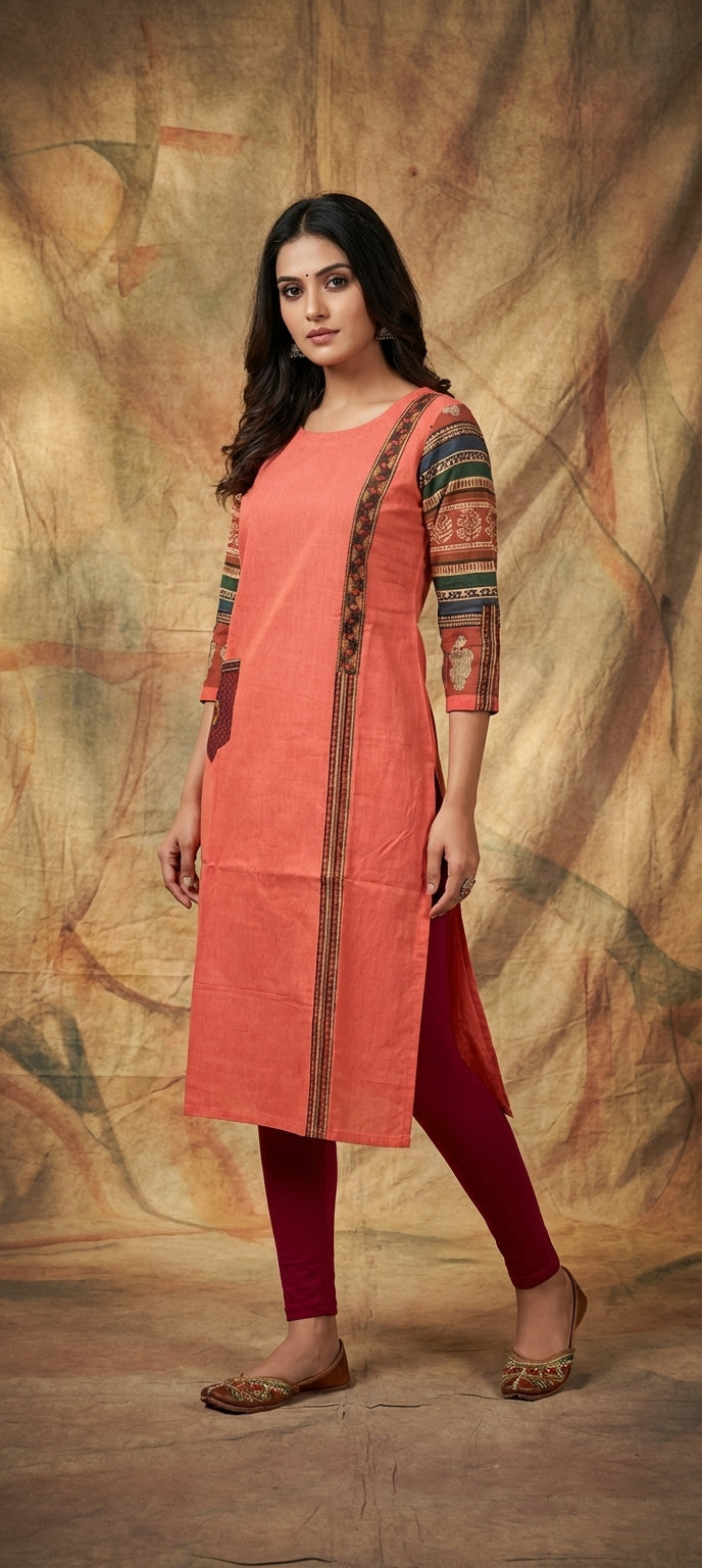 Ethnic Embroidered Long Kurti with Contrast Sleeves -TOMATO MELANGE