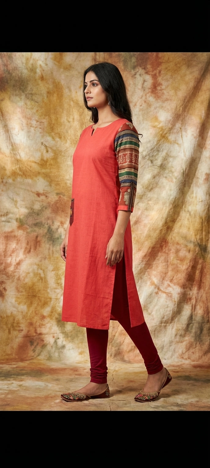 Ethnic Embroidered Long Kurti with Contrast Sleeves -TOMATO MELANGE