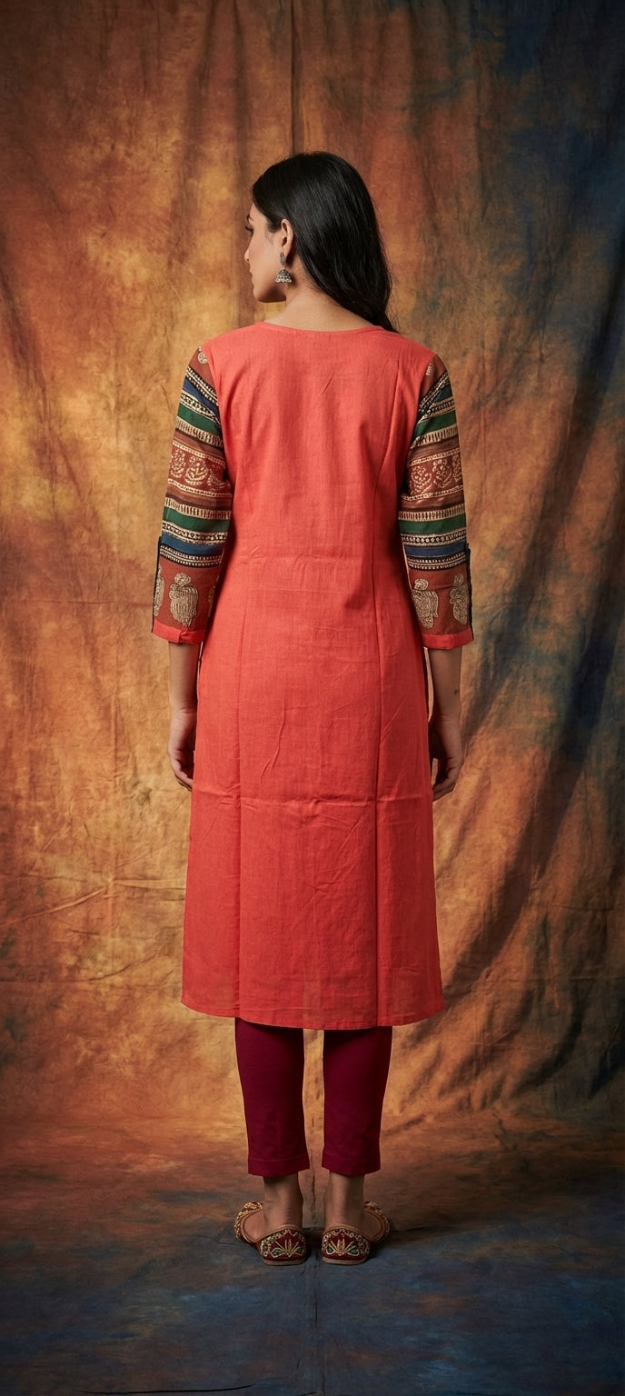 Ethnic Embroidered Long Kurti with Contrast Sleeves -TOMATO MELANGE