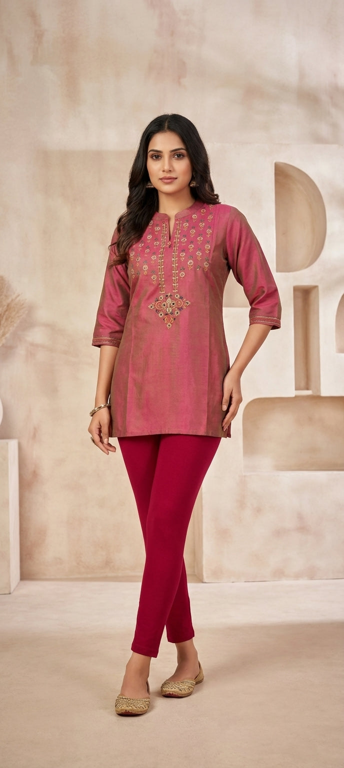 Ethnic Embroidered Cotton Silk Short Kurti for Women-PINK