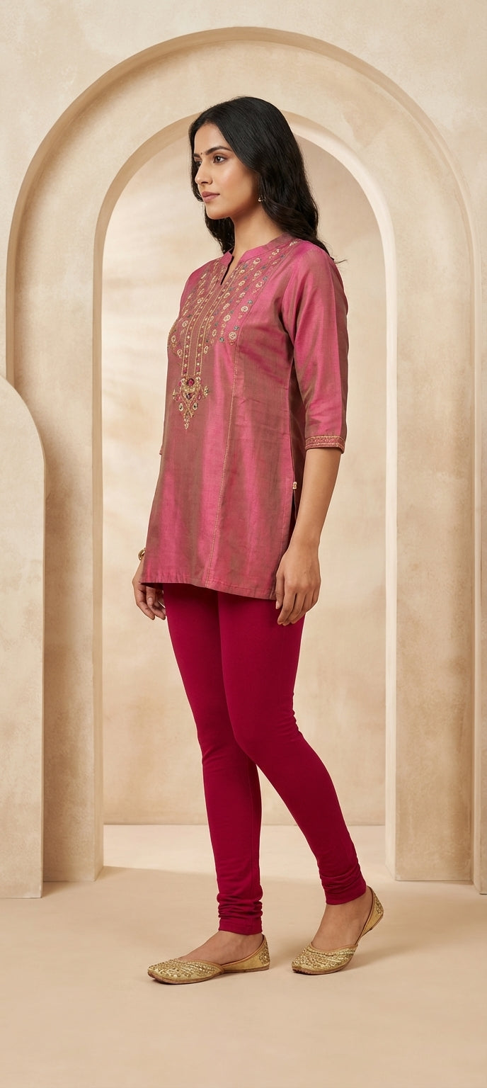 Ethnic Embroidered Cotton Silk Short Kurti for Women-PINK
