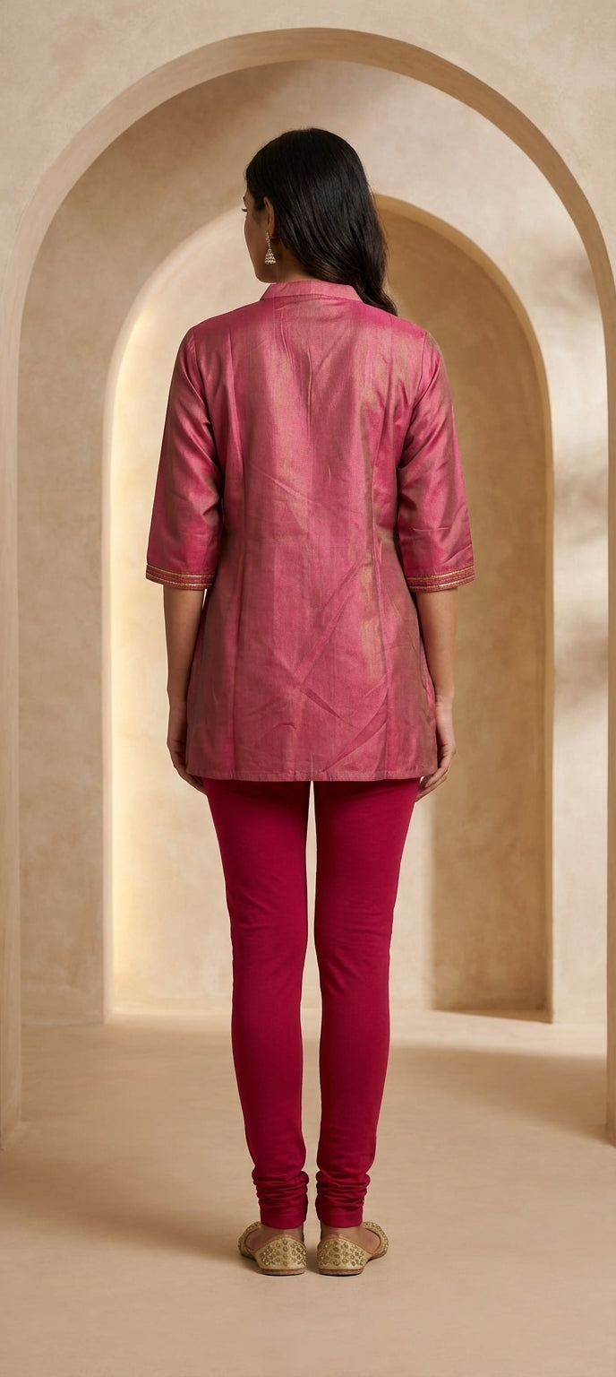 Ethnic Embroidered Cotton Silk Short Kurti for Women-PINK