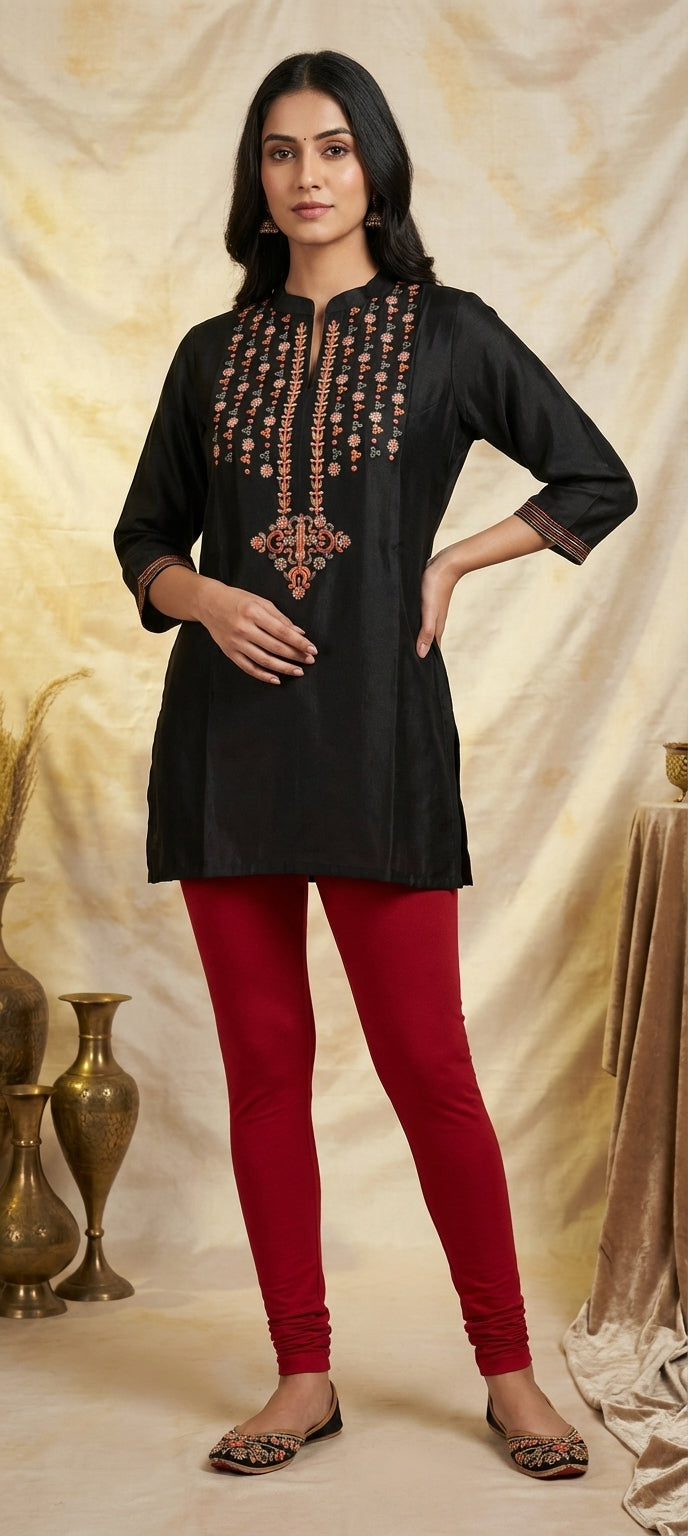 Black Cotton Silk Kurti with Traditional Neck Embroidery