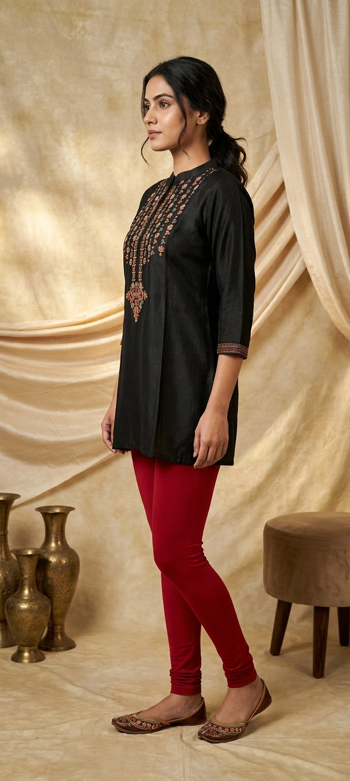 Black Cotton Silk Kurti with Traditional Neck Embroidery