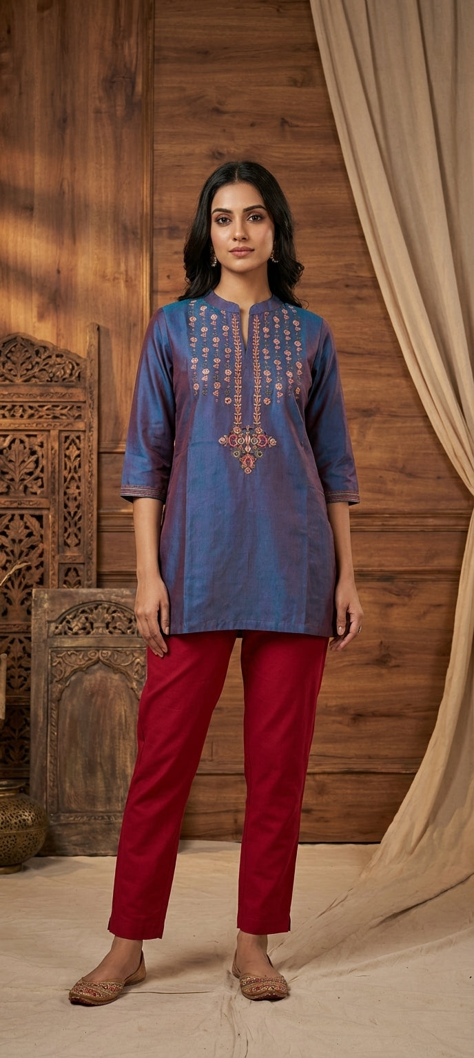 Classic Cotton Silk Short Kurti with Thread Work - DARK LAVENDER