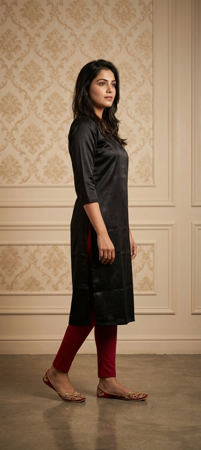 Graceful Long Plain Black  Gaji Silk Kurti for Women