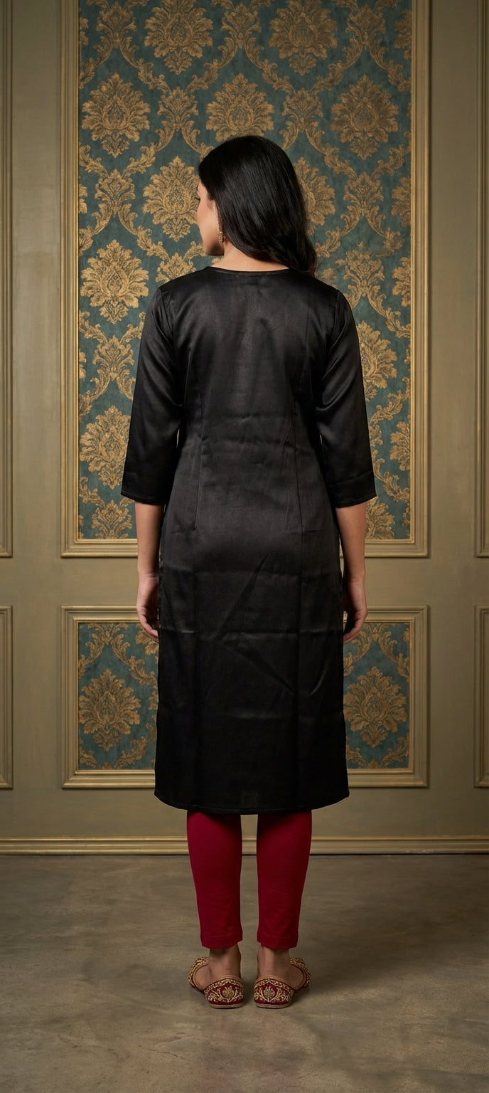 Graceful Long Plain Black  Gaji Silk Kurti for Women