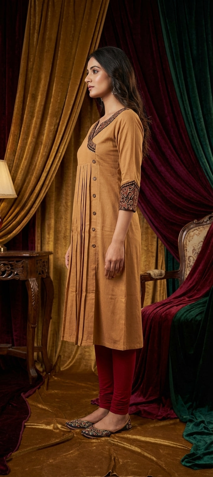 Embroidered V-Neck Pleated Long Kurti