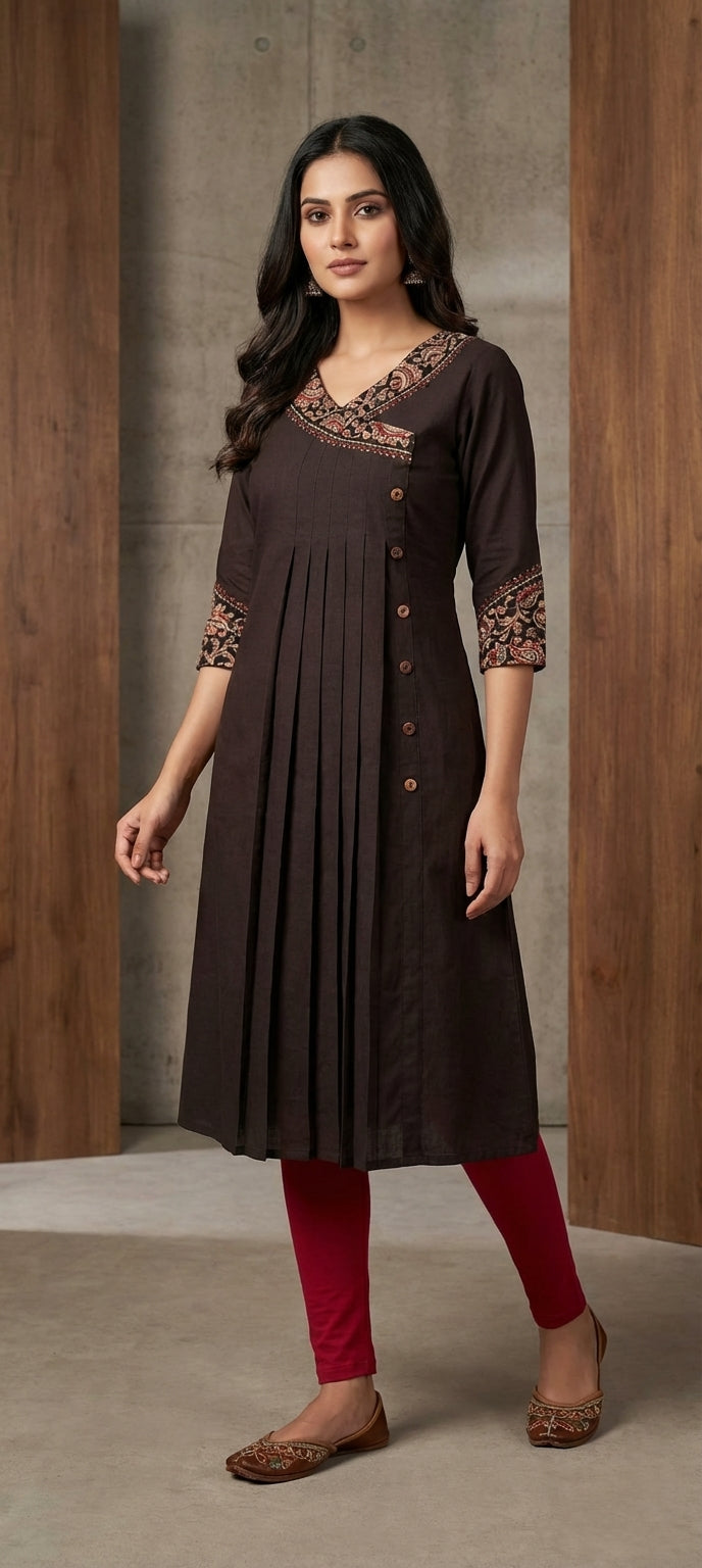Classic Embroidered Neck Work Cotton Long Pleated Design Kurti -BLACK