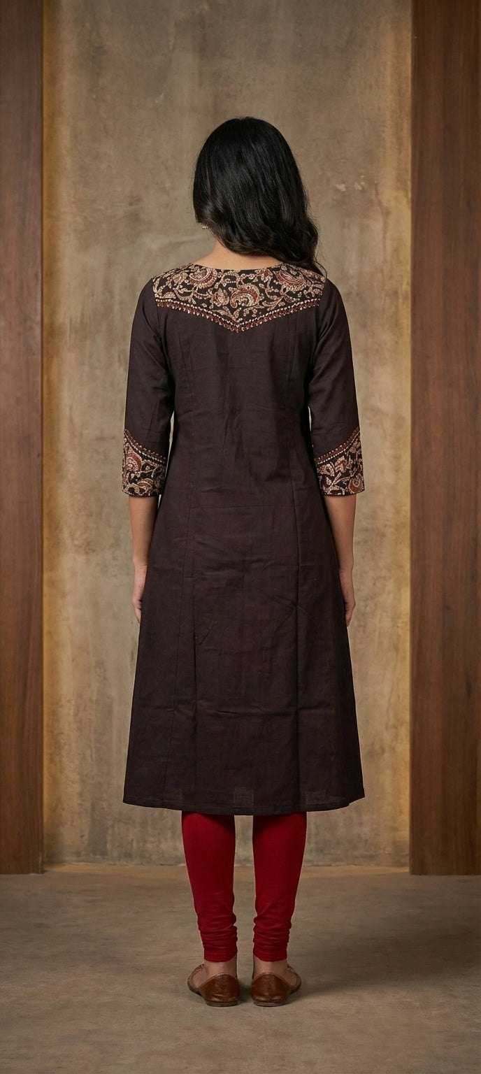 Classic Embroidered Neck Work Cotton Long Pleated Design Kurti -BLACK