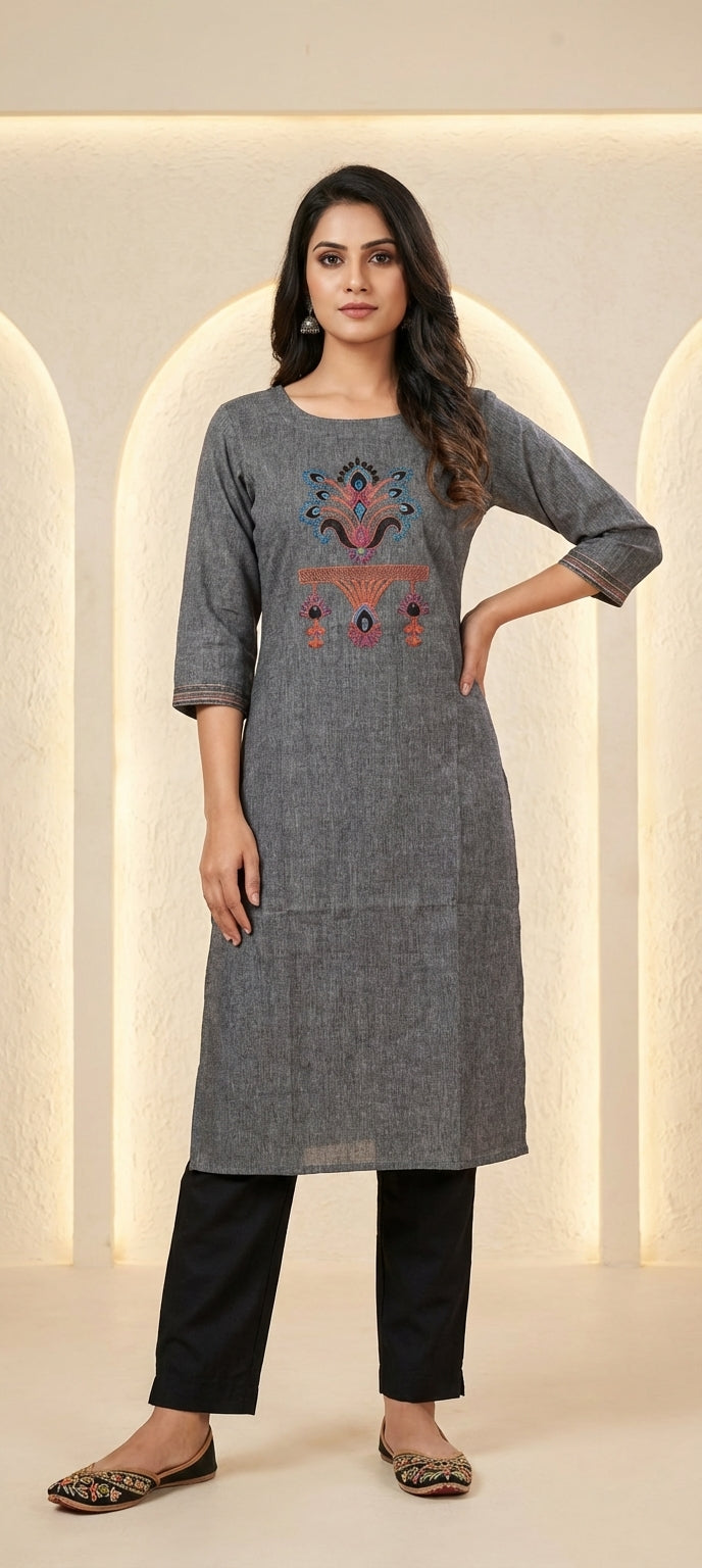 Ethnic Embroidered Thread Work Long Cotton Kurti - LIGHT GRAY