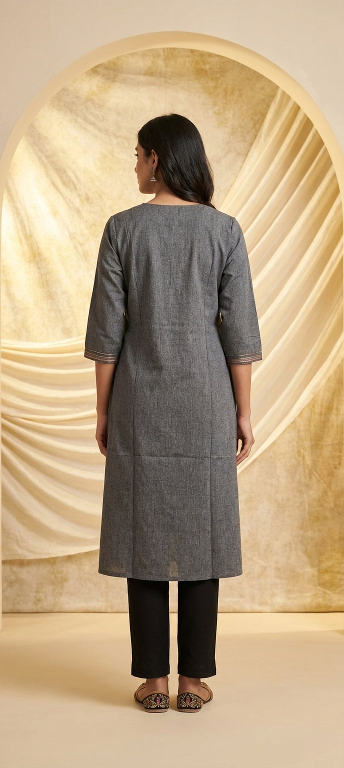 Ethnic Embroidered Thread Work Long Cotton Kurti - LIGHT GRAY