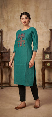 Embroidered Thread Work Long Cotton Kurti - TEAL