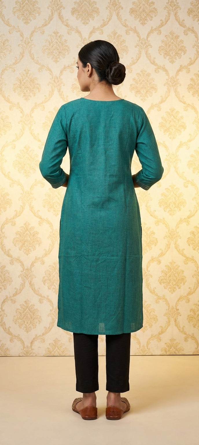 Embroidered Thread Work Long Cotton Kurti - TEAL