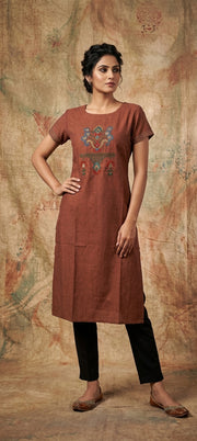 Embroidered Thread Work Long Cotton Kurti -BROWN