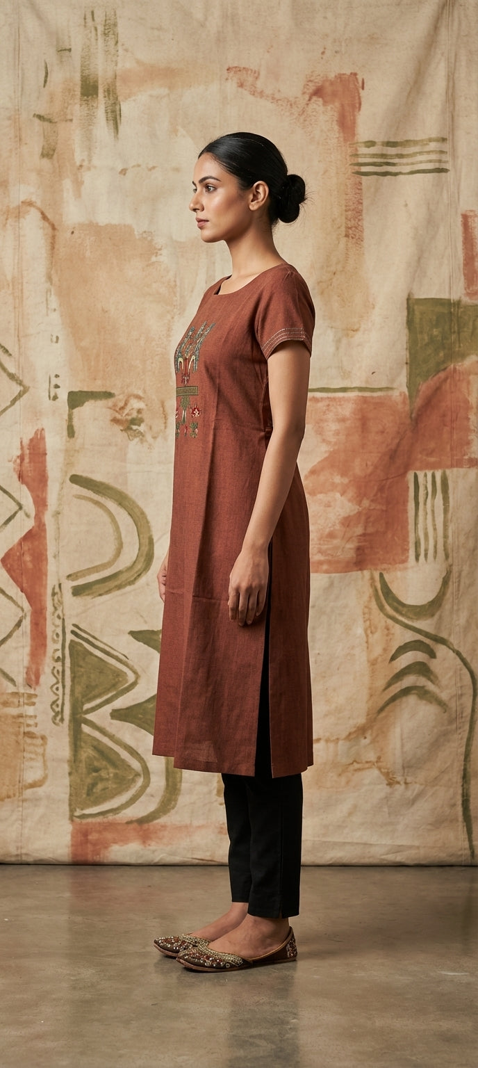 Embroidered Thread Work Long Cotton Kurti -BROWN