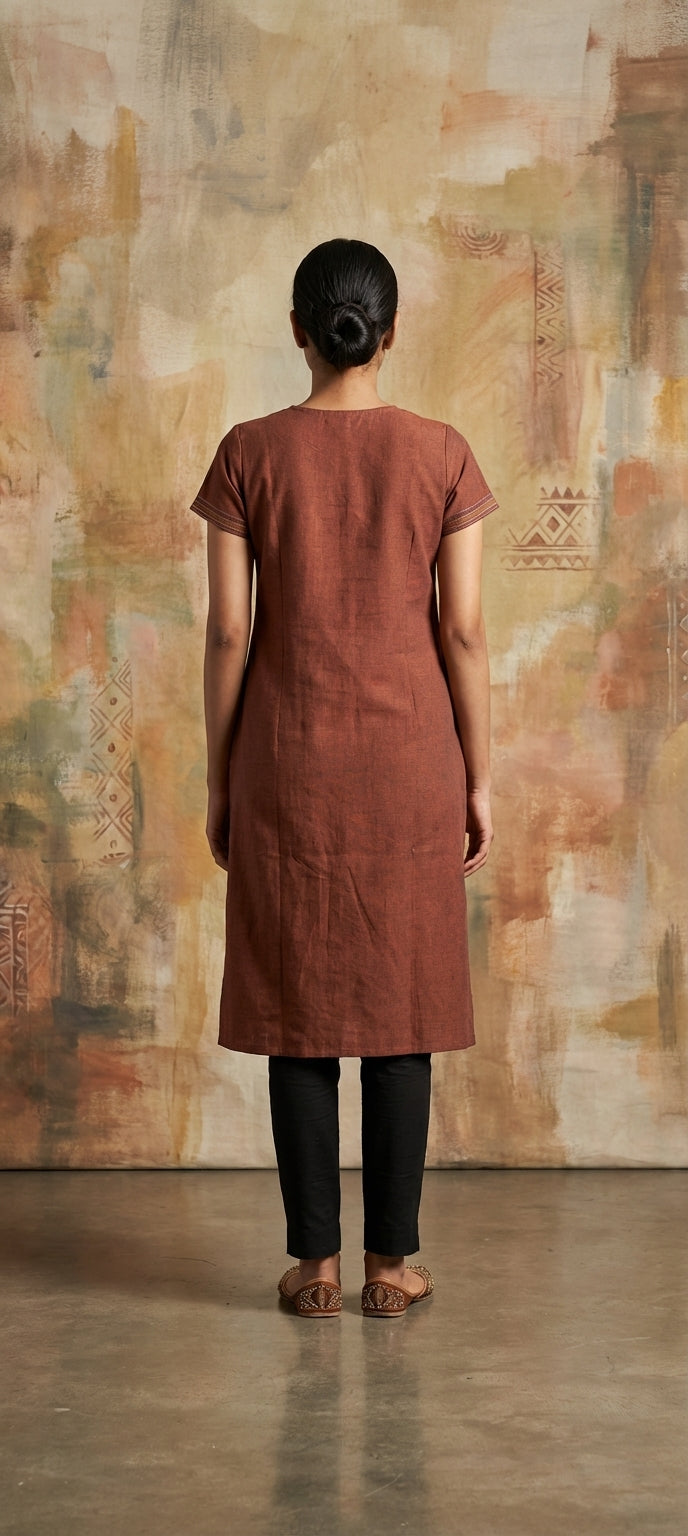 Embroidered Thread Work Long Cotton Kurti -BROWN