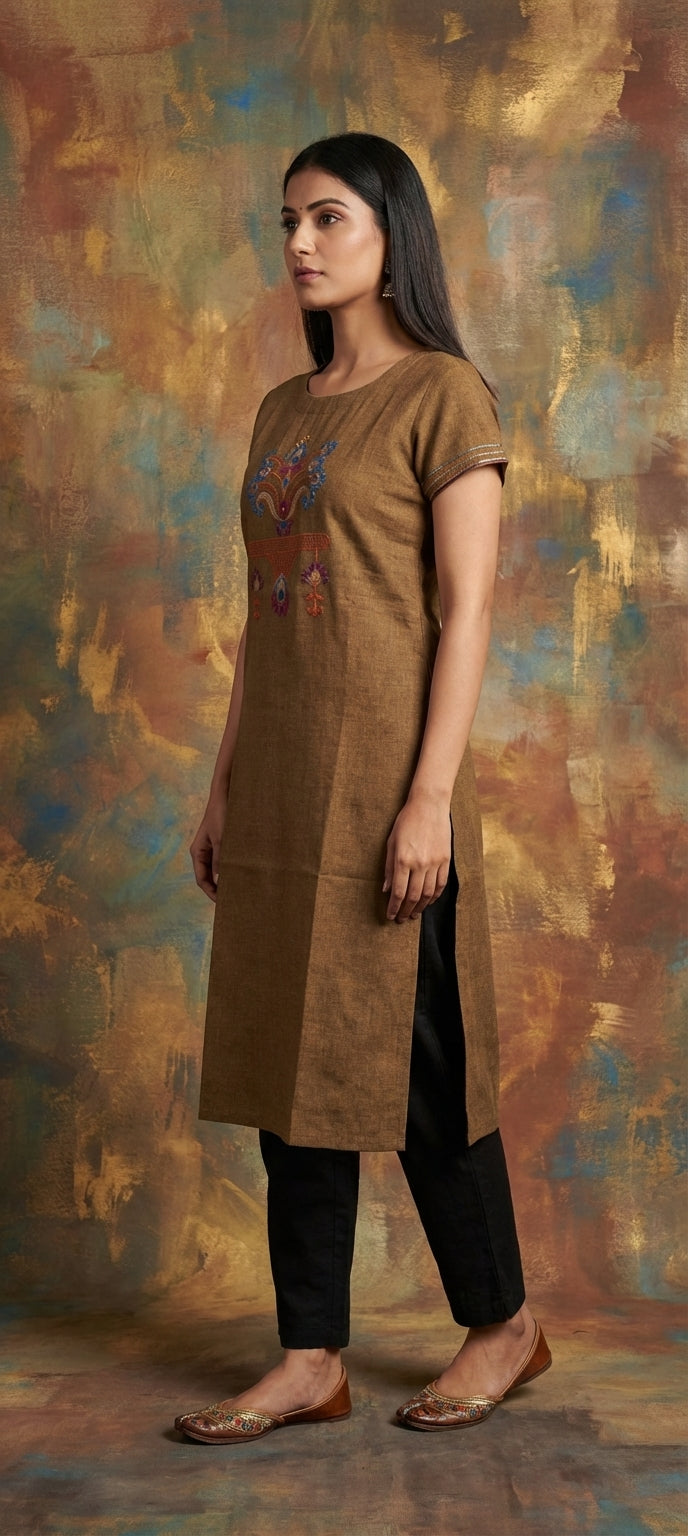 Embroidered Thread Work Long Cotton Kurti for Women - MUSTARD YELLOW
