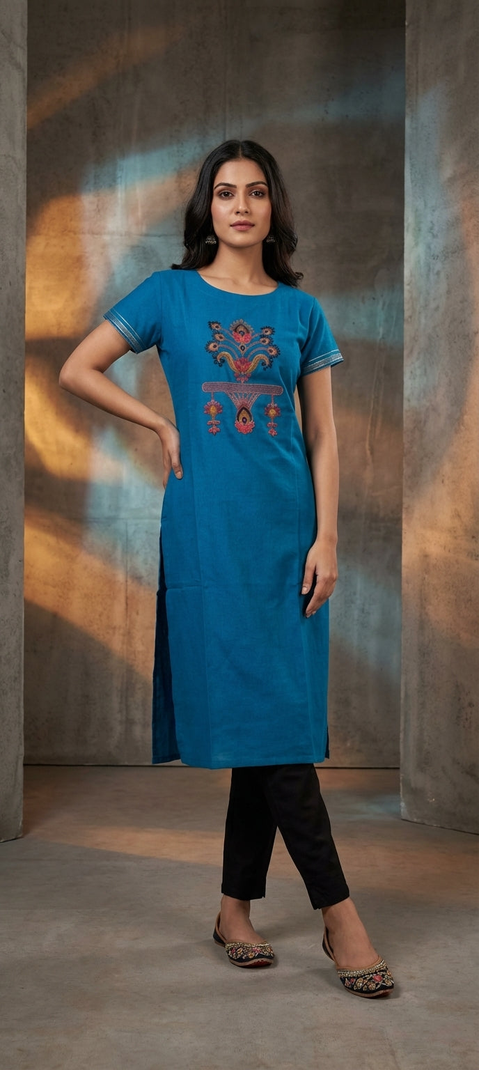 Embroidered Thread Work Long Cotton Kurti -BLUE