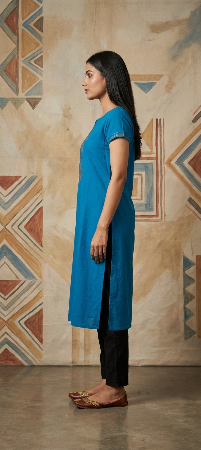Embroidered Thread Work Long Cotton Kurti -BLUE