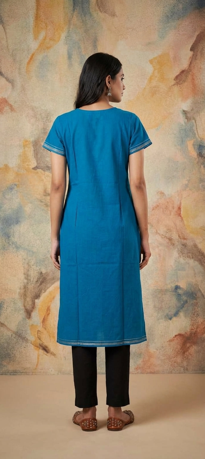 Embroidered Thread Work Long Cotton Kurti -BLUE