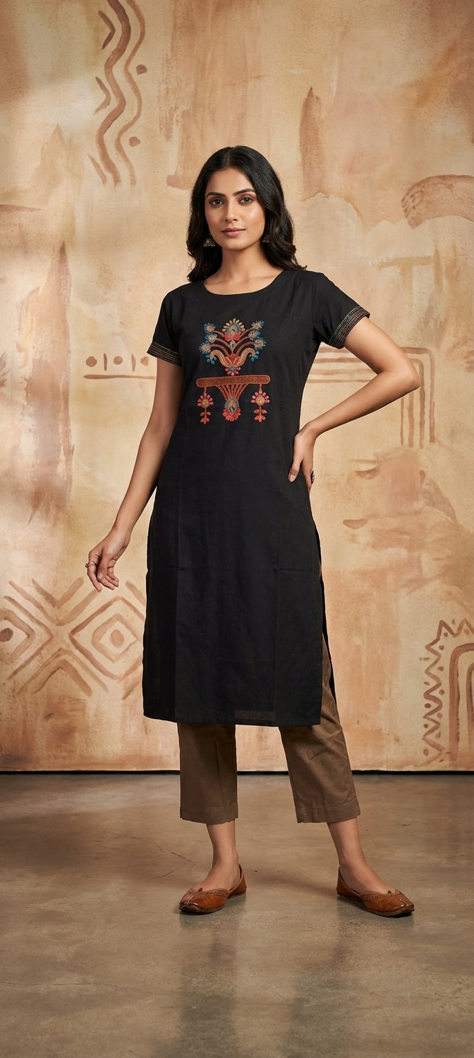 Ethnic Thread Embroidery Straight Long Kurti -BLACK
