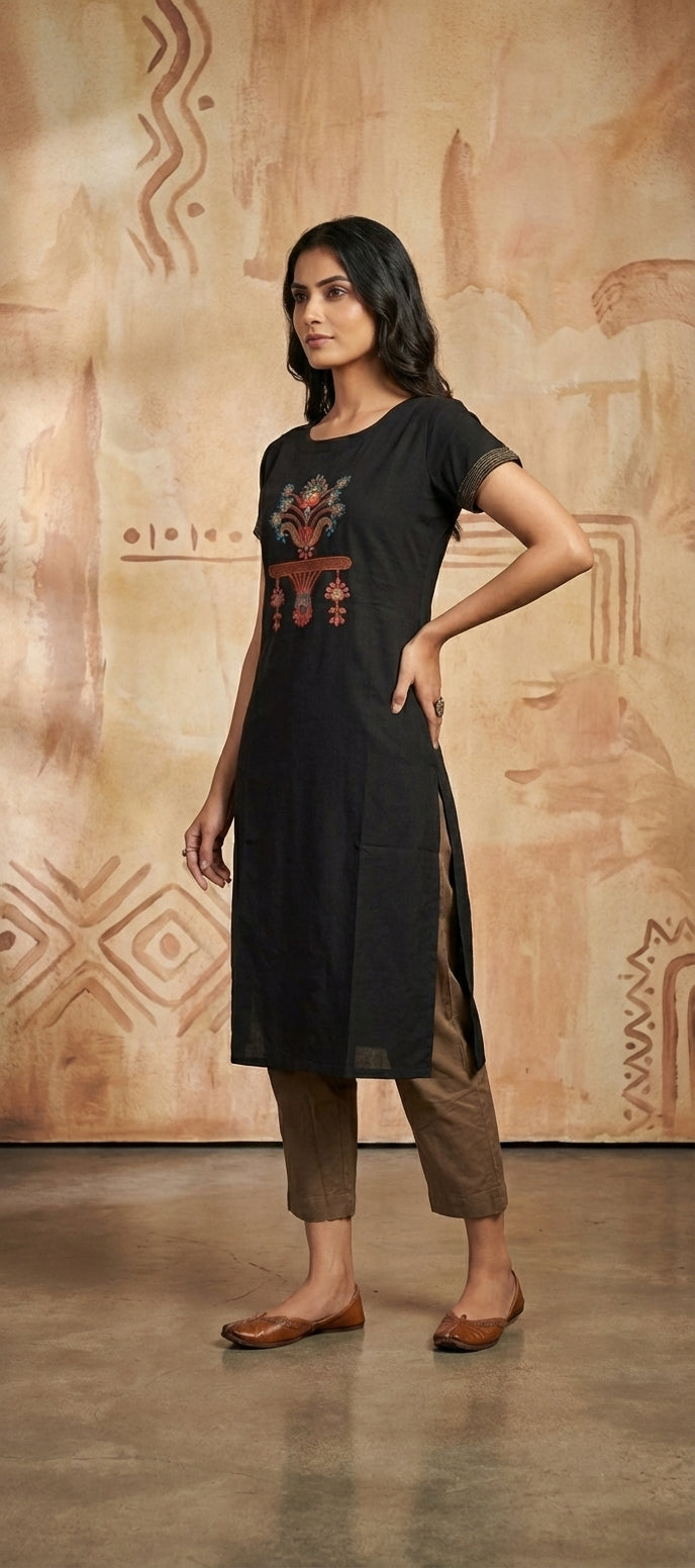 Ethnic Thread Embroidery Straight Long Kurti -BLACK
